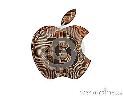 Gold bitcoin in the form of a bite apple. Isolated white background. Mayerized Crypto currency. Payroll through the Internet. Econ Editorial Stock Photo