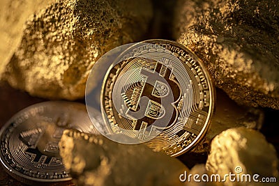 Gold bitcoin physical and Gold nugget grains. Concept mining cry Stock Photo