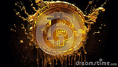 Gold bitcoin symbol on black background. Bitcoin coins splashing out with golden dusts, digital art Cartoon Illustration