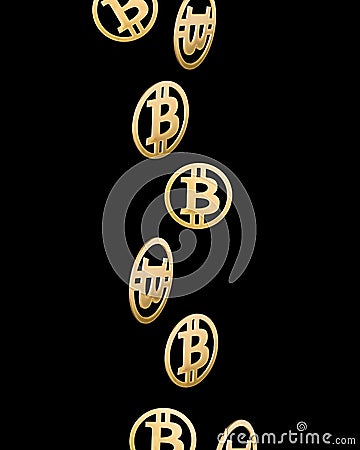 Gold bitcoins falling against black background. Wallpaper of cryptocurrency bitcoin. Seamless pattern of bitcoin. Abstract 3D Cartoon Illustration