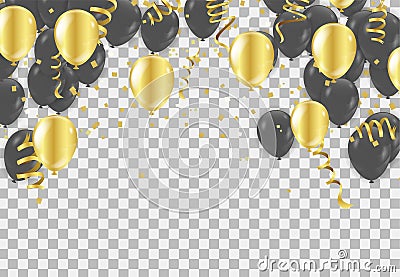 Gold and black balloons, vector illustration. Confetti and ribbons, Celebration background template Vector Illustration