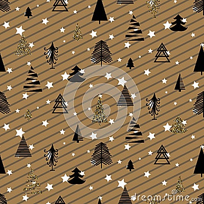 Gold and black christmas winter woods seamless pattern. Vector Illustration