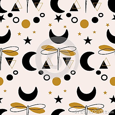 Gold and black dragonfly and moon in a seamless pattern design Vector Illustration