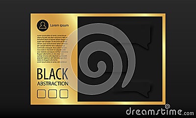 Gold and Black Neomorphism banner template with rectangular dialogue bubbles. Vector dark message frame in convex Vector Illustration