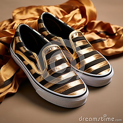 Golden Vans Slipons With Organza Stripes - Stylish And Unique Footwear Stock Photo