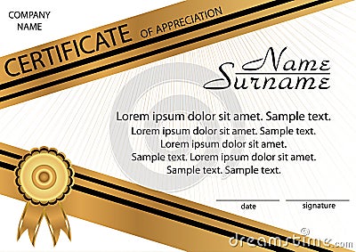 Gold and black template certificate of appreciation. Elegant background. Winning the competition. Reward. Vector Vector Illustration