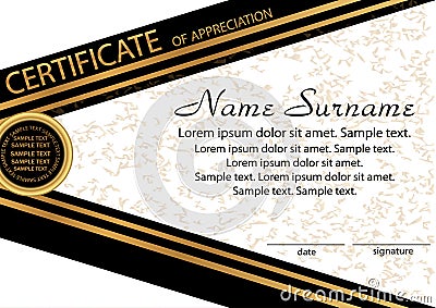 Gold and black template certificate of appreciation. Elegant background. Winning the competition. Reward. Vector Vector Illustration