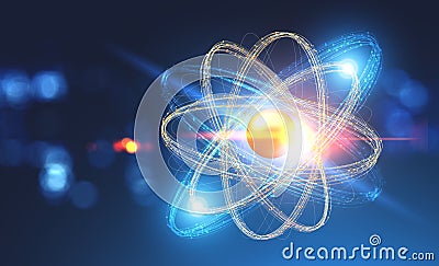 Gold and blue atom model over blurred blue Stock Photo
