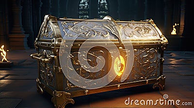 a gold and blue chest with a glowing light inside Stock Photo