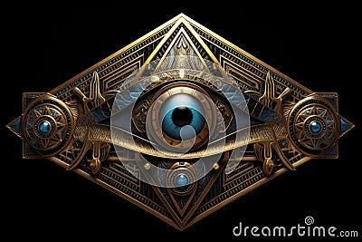 A gold and blue eye on a black background, an eye of Horus. Stock Photo