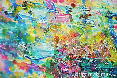 Gold blue green pink waxy muddy spots, pastel vivid watercolor paint, colorful hues Stock Photo