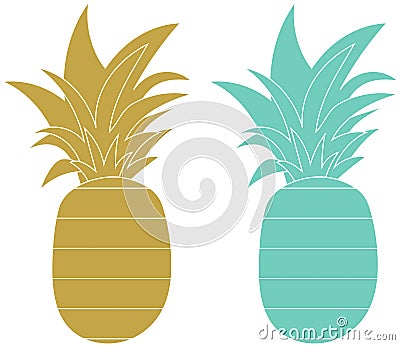 Gold and blue Pineapples. Tropical fruits isolated on white background Vector Illustration