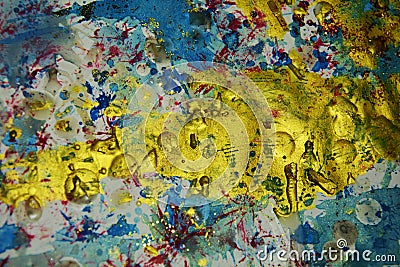 Gold blue pink splashes, contrasts, paint watercolor creative background Stock Photo