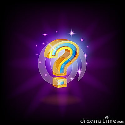 Gold-blue question mark slot icon with sparkles for online casino or mobile game, vector illustration on dark purple Vector Illustration