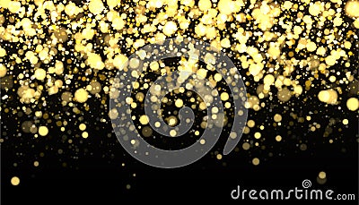 Gold blurred border on black background. Glittering falling confetti backdrop. Golden shimmer texture for luxury design Vector Illustration