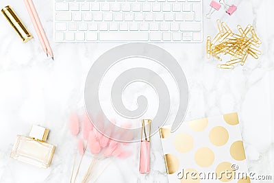 Gold and blush office feminine. stock photo. Copy space Stock Photo