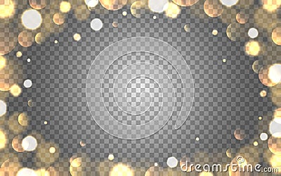 Gold bokeh frame on transparent backdrop. Christmas decoration template. Golden border with blurred elements. Shining Vector Illustration