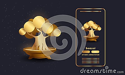 Gold Bonsai tree and bonsai pot vector illustration. Abstract phone app interface design with small golden tree icon Vector Illustration