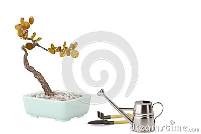 Gold Bonsai trees with watering pot.3D illustration. Stock Photo