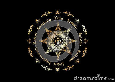 Gold Book Of Shadows Wheel Of The Year Modern Paganism Wicca. Wiccan calendar and holidays. Golden Compass Vector Illustration