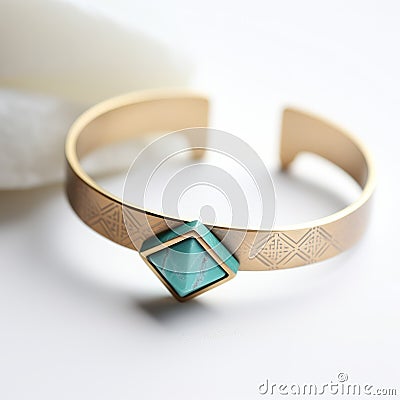 Geometric Surrealism Gold Bracelet With Turquoise Stones And Square Stone Stock Photo