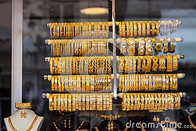 Gold bracelets in the window, Turkey Stock Photo