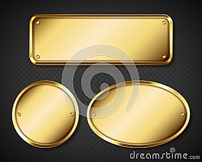 Gold or brass plates, golden name plaques mockup Vector Illustration