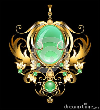 Gold brooch with chrysoprase gems Vector Illustration