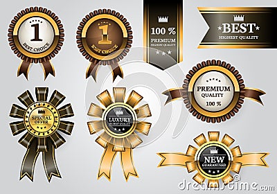 Gold brown labels ribbon quality award set collection on soft gray background design premium luxury vector. Vector Illustration