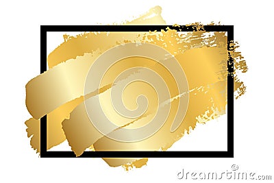 Gold brush in black square frame isolated white background. Golden stroke abstract texture. Fashion border. Gold foil Vector Illustration