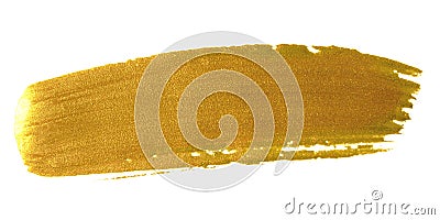 Gold brush paint stroke. Acrylic golden color smear stain on white background. Glitter gold banner with glossy texture for banner Stock Photo