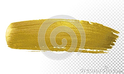 Gold brush paint stroke. Acrylic golden color smear stain on white background. Glitter gold banner with glossy texture for banner, Vector Illustration