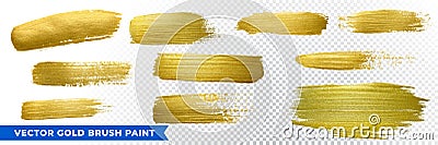 Gold brush paint strokes, vector golden glitter texture smears. Sparkling glow gold paint background and frames luxury design Vector Illustration