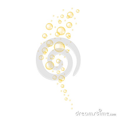 Gold bubbles stream. Fizzy carbonated drink texture. Glossy balls of collagen, serum, jojoba cosmetic oil, vitamin A or Vector Illustration