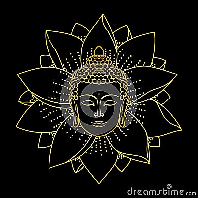 Gold Buddha Head and Lotus Vector Illustration