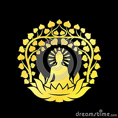Gold Buddha Meditation sit on lotus with bodhi tree branch and leaf around on black background vector design Vector Illustration