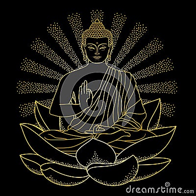 Gold Buddha sitting on Lotus with beam of light Vector Illustration