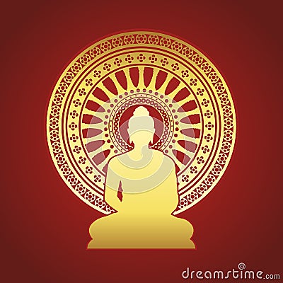 Gold Buddha statue and Dharmachakra wheel of dhamma sign on red brown background vector design Vector Illustration