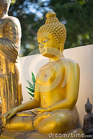 Gold Buddha in Wat Phra That Bang Phuan Stock Photo