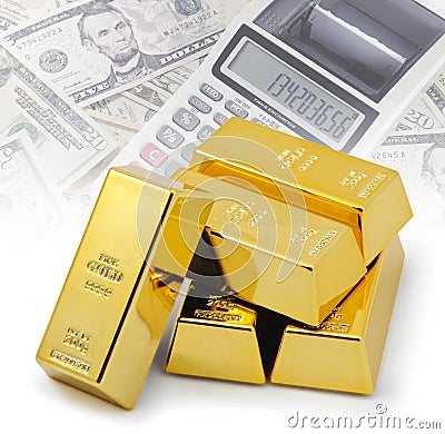 Gold bullion bars stacked on top of each other with financial background Stock Photo