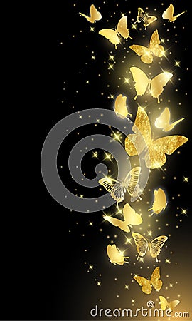 Gold butterflies on black background Cartoon Illustration