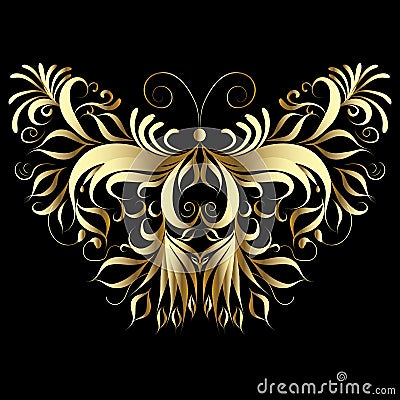 Gold butterfly. Vector illustration. Patterned vintage design. Vector Illustration