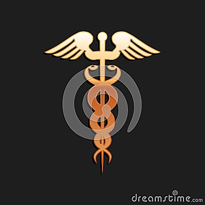 Gold Caduceus medical symbol icon isolated on black background. Medicine and health care concept. Emblem for drugstore Vector Illustration