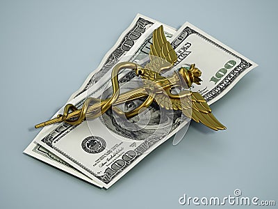 Gold caduceus symbol standing on dollar bills. 3D illustration Cartoon Illustration