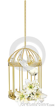 Gold cage with flowers and bird Stock Photo