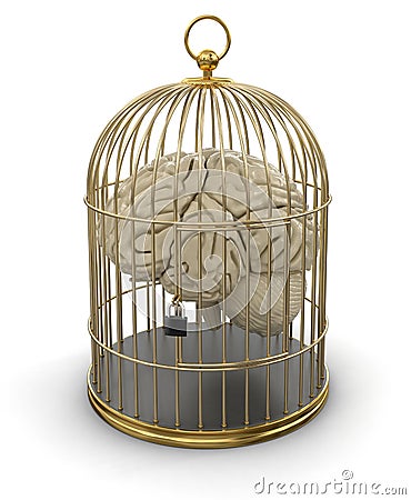 Gold Cage with Human brain (clipping path included) Stock Photo