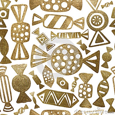 Gold Candy Illustration. Hand Drawn Abstract Sweets. Seamless Pattern. Stock Photo