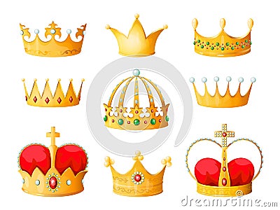 Gold cartoon crown. Golden yellow emperor prince queen crowns diamond coronation tiara crowning emojis corona isolated Vector Illustration