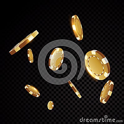 Gold casino poker chips flying in front of black background Vector Illustration