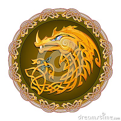 Gold Celtic dragon. Ancient Irish symbol. Ethnic magic sign. Celtic knot pattern. Old Nordic decorative vintage. Print for logo, Vector Illustration